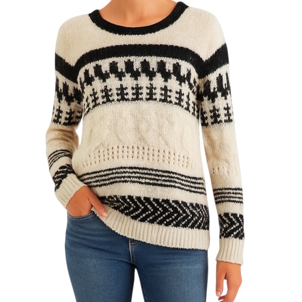 American Eagle Nordic Fair Isle Sweater Cream Black Women's Size S Wool Blend